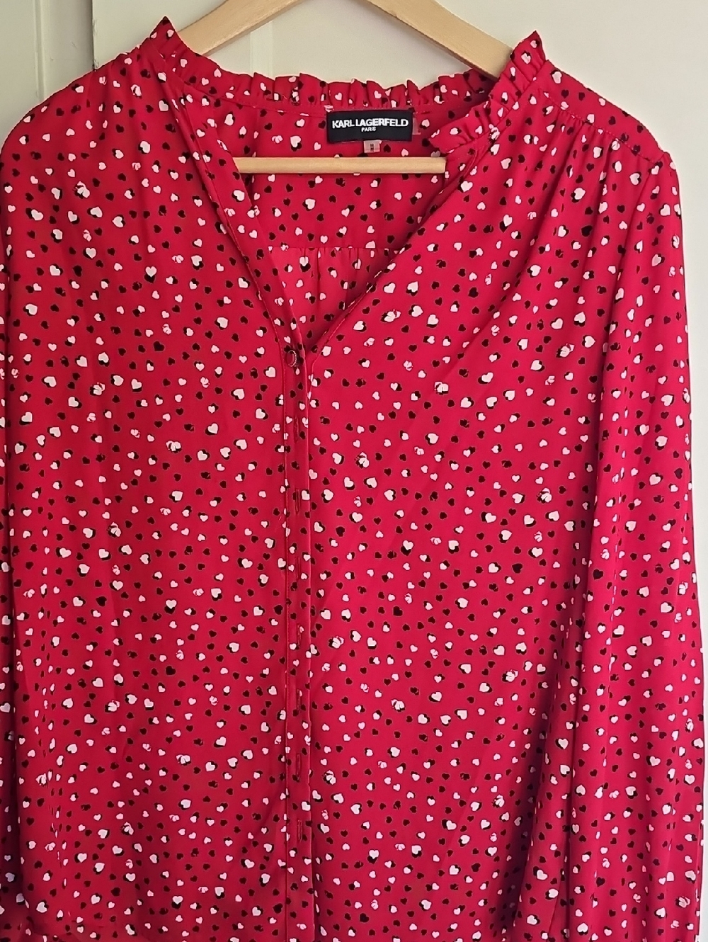 Karl Lagerfeld Red Heart-Print Long Sleeve Blouse